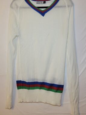 POL White V-Neck Sweater with Blue, Green, and Red Trim